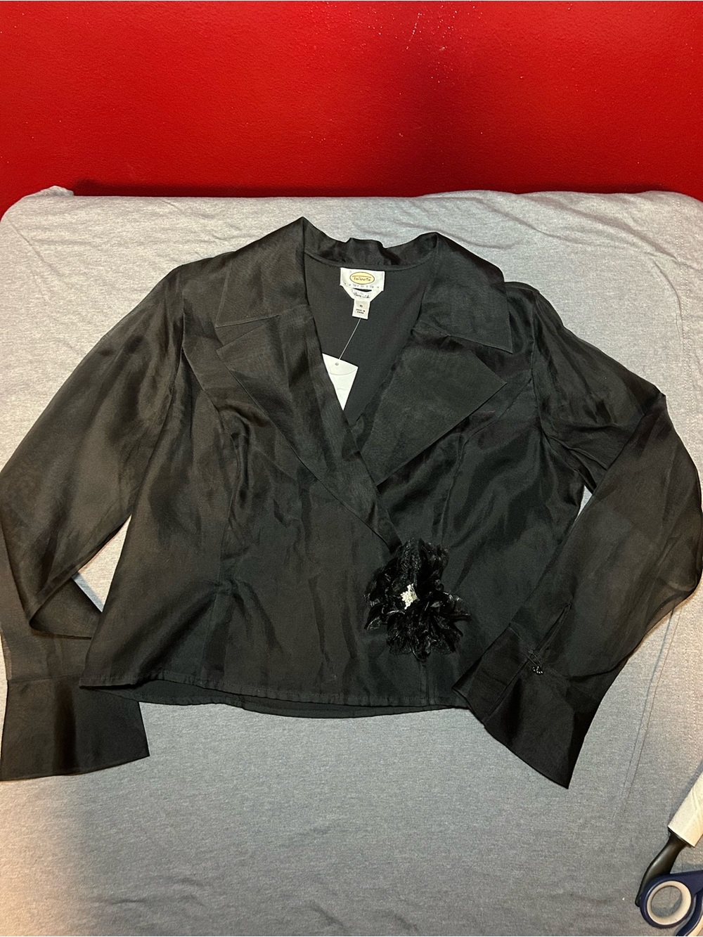 Talbots 100% Silk Sheer Black Women's Dress Blazer with Floral Appliqué